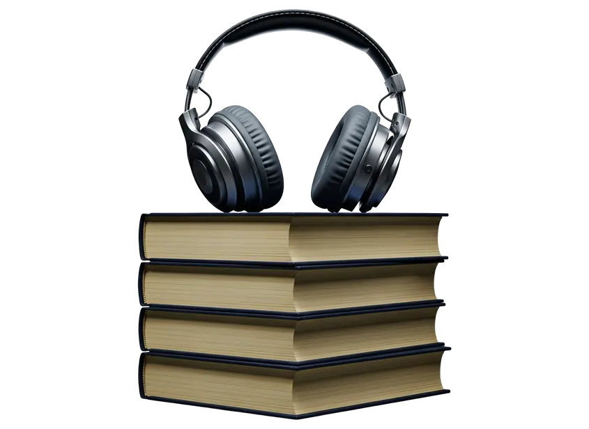 Headphones on a stack of books for audiobook production